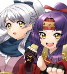  2girls :o bandages black_gloves blue_scarf chest_sarashi commentary_request curtained_hair fingerless_gloves fire_emblem fire_emblem:_radiant_dawn fire_emblem_heroes gau_fe gloves headband highres japanese_clothes kimono long_hair looking_at_viewer micaiah_(fire_emblem) micaiah_(ninja)_(fire_emblem) multiple_girls ninja official_alternate_costume official_alternate_hairstyle pointing pointing_at_viewer red_headband sanaki_kirsch_altina sanaki_kirsch_altina_(ninja) sarashi scarf smile teeth upper_teeth_only white_background white_hair yellow_eyes 