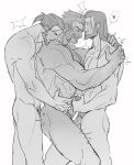  3boys algaebog anal bara beard biting blush chest_hair completely_nude facial_hair feet_out_of_frame graves_(league_of_legends) hair_slicked_back handjob heart high_ponytail highres large_pectorals league_of_legends male_focus mature_male multiple_boys muscular muscular_male neck_biting nude pectorals sex short_hair spoken_heart standing standing_sex thick_eyebrows thick_mustache yaoi 