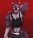  acidwuff anthro armpit_hair black_clothing black_nipples black_topwear body_hair bottomwear bulge canid canid_demon clothing demon fangs front_view fur grey_body grey_bottomwear grey_clothing grey_fur hellhound helluva_boss hi_res licking licking_lips licking_own_lips male mammal muscular muscular_anthro muscular_male nipples portrait pose red_tongue solo standing teeth three-quarter_portrait tongue tongue_out topwear torn_clothing torn_topwear vortex_(helluva_boss) 