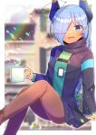  1girl :d arm_support black_jacket blue_eyes blue_hair blurry blurry_background braid brown_pantyhose commentary_request commission cup depth_of_field feet_out_of_frame green_shirt hair_over_one_eye holding holding_cup horns jacket kou_hiyoyo long_hair long_sleeves mug multicolored_hair open_clothes open_jacket original pantyhose shirt single_braid skeb_commission sleeves_past_wrists smile solo steam streaked_hair very_long_hair 