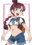  1girl :d asymmetrical_bangs asymmetrical_hair backpack bag blue_necktie blue_shorts braid braided_ponytail chloe_(pokemon) contrapposto cowboy_shot crop_top flower green_eyes hainchu hair_flower hair_ornament highres long_hair looking_away midriff narrow_waist navel necktie open_mouth pink_flower pokemon pokemon_(anime) pokemon_journeys red_hair shirt short_necktie short_sleeves shorts simple_background smile solo standing teeth turning_head upper_teeth_only white_background white_shirt 