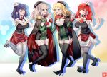 4girls ascot azur_lane beret black_headwear black_thighhighs blonde_hair blue_hair blush boots braid breasts brown_eyes cape cleavage commission cosplay costume_switch crossover epaulettes gloves green_headwear grey_hair hat high_heels highres igarashi_mangou kantai_collection large_breasts leg_up long_hair long_sleeves mini_hat mole mole_under_eye multiple_girls name_connection open_mouth pixiv_commission pola_(azur_lane) pola_(azur_lane)_(cosplay) pola_(kancolle) pola_(kancolle)_(cosplay) red_eyes red_hair side_braid sidelocks simple_background skirt smile thigh_strap thighhighs twintails white_gloves white_headwear white_thighhighs zara_(azur_lane) zara_(azur_lane)_(cosplay) zara_(kancolle) zara_(kancolle)_(cosplay) 