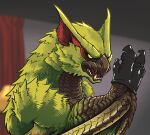 amerika_zarigani anal_assassin_glove black_gloves blurry blurry_background commentary_request curtains gloves green_nargacuga highres indoors manatsu_no_yo_no_inmu monster monster_hunter_(series) no_humans open_mouth parody sex_toy solo studded_gloves upper_body 
