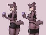  anthro beastars biped blue_eyes blush bodily_fluids butt canid canine canis cellphone clothed clothing female grey_body hand_behind_back hi_res holding_cellphone holding_object holding_phone holding_smartphone juno_(beastars) mammal open_mouth phone pink_background rear_view simple_background smartphone smile solo sportswear spuydjeks sweat tail wolf 