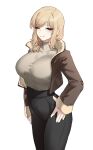  1girl absurdres black_pants blonde_hair breasts cowboy_shot eyebrows_hidden_by_hair fur-trimmed_jacket fur_trim green_eyes half-closed_eyes hand_on_own_hip highres jacket k0ng large_breasts long_hair one_eye_closed original pants simple_background smile solo turtleneck 