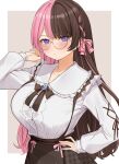  1girl border bow breasts brown_hair choco_tanuki glasses hair_ribbon hand_on_own_hip highres iris_black_games large_breasts long_hair long_sleeves looking_at_viewer multicolored_hair outside_border pink_hair purple_eyes ribbon round_eyewear skirt solo split-color_hair tachibana_hinano_(vtuber) two-tone_background two-tone_hair virtual_youtuber vspo! white_border 