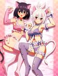  2girls :o animal_ears artist_request ayakashi_triangle blush cat_ears cat_tail choker fake_animal_ears highres kanade_suzu kazamaki_matsuri kazamaki_matsuri_(female) lingerie long_hair looking_at_viewer multiple_girls navel open_mouth ponytail purple_eyes purple_hair red_eyes short_hair source_request stomach_tattoo tail tattoo thighhighs thighs underwear white_hair wrist_cuffs 