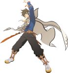  1boy bead_bracelet beads black_pants boots bracelet brown_hair buttons cape english_commentary fingerless_gloves full_body gloves green_eyes hand_up highres holding holding_sword holding_weapon jewelry long_sleeves male_focus official_art orange_feathers pants smile sorey_(tales) sword tales_of_(series) tales_of_asteria tales_of_zestiria transparent_background weapon 