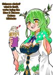  1girl absurdres antlers branch breasts ceres_fauna cheese cleavage cup disposable_cup drinking_straw english_text flower food green_hair grimace_shake_(meme) hair_flower hair_ornament highres holding holding_cup hololive hololive_english koizumi_arata long_hair looking_at_viewer meme milkshake multicolored_hair pasta purple_liquid scene_reference smile solo virtual_youtuber yellow_eyes 