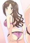  1girl ass ass_grab back blurry blurry_foreground blush bra brown_eyes brown_hair closed_mouth commentary depth_of_field frilled_bra frilled_panties frills from_behind frown grabbing_own_ass idolmaster idolmaster_cinderella_girls long_hair looking_at_viewer looking_back mirror one_side_up panties perapera pink_bra pink_panties polka_dot polka_dot_bra polka_dot_panties reflection shimamura_uzuki solo standing underwear underwear_only 