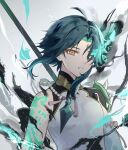  1boy ahoge arm_tattoo armor blue_hair dark_blue_hair detached_sleeves facial_mark forehead_mark genshin_impact gold_trim gradient_background green_hair grey_background highres jewelry long_sleeves looking_at_viewer male_focus mandarin_collar multicolored_hair necklace pearl_necklace primordial_jade_winged-spear_(genshin_impact) sengoku0090 shirt short_hair shoulder_armor sidelocks simple_background single_bare_shoulder single_detached_sleeve sleeveless sleeveless_shirt solo tassel tattoo teeth two-tone_hair weapon white_background white_shirt wide_sleeves xiao_(genshin_impact) yellow_eyes 