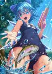  1girl animal bare_arms bare_legs bare_shoulders blue_bow blue_eyes blue_hair blue_one-piece_swimsuit bow cirno covered_navel cowboy_shot fairy fish hair_between_eyes hair_bow highres hijikawa_arashi holding holding_water_gun ice ice_wings name_tag one-piece_swimsuit open_mouth school_swimsuit short_hair smile solo swimsuit touhou water_gun wings 