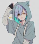  1boy a3! absurdres animal_hood black_gloves cat_hood earrings gloves grey_hair grey_hoodie highres hood hood_up hoodie ikaruga_misumi jewelry jijii_(chang_g) long_sleeves male_focus open_mouth short_hair solo triangle-shaped_pupils yellow_eyes 