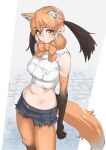  1girl animal_ears bare_shoulders blush bow bowtie brown_gloves brown_hair brown_pantyhose commentary cowboy_shot cutoffs denim denim_shorts elbow_gloves extra_ears fur_collar gloves gradient_gloves gradient_legwear hair_between_eyes highres kemono_friends looking_at_viewer maned_wolf_(kemono_friends) midriff multicolored_hair navel orange_bow orange_bowtie orange_fur orange_gloves orange_hair orange_pantyhose pantyhose shirt short_shorts shorts sidelocks sleeveless solo tail tanabe_(fueisei) twintails two-tone_gloves two-tone_pantyhose white_hair white_shirt wolf_ears wolf_girl wolf_tail 