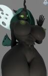  3d_(artwork) abs anthro anthrofied arthropod big_breasts black_body black_scales breasts changeling digital_media_(artwork) featureless_crotch female friendship_is_magic gesture green_eyes green_hair green_nipples hair hasbro hi_res hole_(anatomy) insect_wings looking_at_viewer muscular muscular_anthro muscular_female my_little_pony nipples pupils queen_chrysalis_(mlp) scales slit_pupils thick_thighs waving wide_hips wings xlkev 