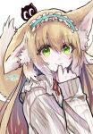  1girl animal_ear_fluff animal_ears arknights blonde_hair blush brown_cardigan cardigan closed_mouth colored_tips creature_on_head crossover fox_ears fox_girl fox_tail green_eyes hair_between_eyes hand_on_own_chin hand_up heixiu highres kitsune kyuubi long_hair long_sleeves looking_at_viewer luo_xiaohei_zhanji multicolored_hair multiple_tails official_alternate_costume on_head ruchita simple_background sleeves_past_wrists smile solo suzuran_(arknights) suzuran_(spring_praise)_(arknights) tail two-tone_hair upper_body white_background white_hair 
