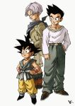  3boys belt black_footwear black_hair bracelet brown_belt brown_coat brown_footwear character_request coat dragon_ball dragon_ball_gt full_body green_eyes grey_bandana grey_hair grey_pants grey_tunic hand_in_pocket hands_on_own_hips highres jewelry kakeru_(dbskakeru) multiple_boys open_clothes open_coat pants sash shirt short_hair simple_background sleeveless son_goku son_goten spiked_hair toriyama_akira_(style) trunks_(dragon_ball) white_background white_sash white_shirt yellow_pants 