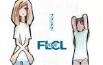  2girls black_hair blonde_hair copyright_name cover cover_page flcl highres long_hair manga_cover multiple_girls ninamori_eri non-web_source official_art panties photoshop_(medium) samejima_mamimi scan shirt t-shirt ueda_hajime underwear white_background yellow_eyes 