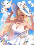  1girl :d animal_on_head armpits bird blonde_hair breasts cleavage dark-skinned_female dark_skin dress elf elfriend_(shiranui_flare) hat highres hololive large_breasts long_hair on_head open_mouth pointy_ears red_eyes shiranui_flare smile solo suicabar72 sun_hat sundress virtual_youtuber white_dress 