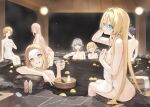  6+girls ass bar_soap blonde_hair blue_eyes blunt_bangs blush breasts bucket closed_eyes cup food fruit green_eyes grey_hair grin hair_intakes holding holding_cup holding_towel hu_kotora long_hair looking_back multiple_girls naked_towel onsen open_mouth original parted_lips partially_submerged pink_hair pointy_ears short_hair sitting smile soap towel very_long_hair water wooden_bucket yellow_eyes yuzu_(fruit) yuzu_bath 