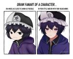  1other androgynous black_hair black_shirt hat highres hood hooded_jacket jacket jynx_(style) len&#039;en mob_cap purple_eyes purple_jacket shirt shitodo_kuroji short_hair triangular_headpiece 