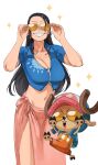  1boy 1girl absurdres black_hair blue_shirt breasts cleavage collared_shirt cropped_shirt grin highres iago_fn jumping large_breasts long_hair midriff navel nico_robin one_piece open_mouth orange-tinted_eyewear orange_pants pants shirt simple_background smile sparkle sunglasses teeth tinted_eyewear tony_tony_chopper white_background zipper 