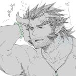  1boy alternate_facial_hair armpit_hair bara broken_horn demon_boy demon_horns facial_hair fang forked_eyebrows half-closed_eyes hand_on_own_head horns large_pectorals long_sideburns lowres male_focus mature_male mugi_(pixiv_187163) muscular muscular_male mustache nipples nude pectorals short_hair sideburns sleepy solo spot_color stubble takemaru_(housamo) thick_eyebrows tokyo_afterschool_summoners translation_request upper_body 
