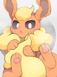  2023 3_toes alternate_version_at_source ambiguous_gender bodily_fluids digital_media_(artwork) eeveelution feet feral flareon fur generation_1_pokemon hi_res holding_tail looking_at_viewer nintendo orange_body orange_fur pawpads paws pokemon pokemon_(species) salmon_no_kaori solo sweat sweatdrop tail tail_between_legs toes yellow_body yellow_fur 