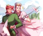  2608337875 2boys ^^^ adapted_costume closed_eyes collar crown dress frilled_collar frills gakuran grey_hair highres holding holding_weapon horseback_riding jean_pierre_polnareff jojo_no_kimyou_na_bouken kakyoin_noriaki love_letter male_focus mini_crown multiple_boys pink_dress puffy_dress rapier red_hair riding school_uniform stardust_crusaders sweatdrop sword tiara weapon 