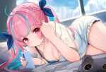  1girl ahoge bare_shoulders blue_bra blue_hair blush bra breasts cellphone cleavage colored_inner_hair comodomodo earphones hair_ornament hair_ribbon highres holding holding_phone hololive indoors large_breasts long_hair looking_at_viewer minato_aqua multicolored_hair off_shoulder on_bed phone pink_eyes pink_hair ribbon shirt short_shorts shorts smartphone smile solo twintails two-tone_hair underwear white_shirt 
