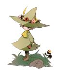  1boy absurdres boots brown_eyes brown_hair closed_mouth flower full_body green_headwear green_pants green_shirt hat head_wreath highres holding holding_flower long_shirt male_focus moomin on_grass pants red_flower rock scarf shimogu shirt short_hair snufkin solo standing white_background yellow_scarf 