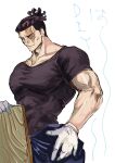  1boy alternate_costume bara black_hair clothes_around_waist feet_out_of_frame gloves huge_pectorals jacket jacket_around_waist jujutsu_kaisen large_hands looking_at_viewer male_focus muscular muscular_male nonono_nagata scar scar_across_eye short_hair sideburns solo toudou_aoi_(jujutsu_kaisen) undercut white_gloves 