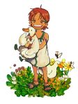  1girl aged_down animal bandaid bare_legs bird bug butterfly dress duck eyelashes female_child flower highres holding holding_animal looking_at_viewer makenevemoiine nami_(one_piece) on_grass one_piece open_mouth orange_eyes red_hair sandals short_hair smile teeth transparent_background upper_teeth_only white_dress 