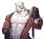  1boy abs absurdres animal_ears arknights artist_request bara bare_pectorals chest_tuft facial_hair furry furry_male goatee highres large_hands large_pectorals looking_ahead male_focus male_pubic_hair mountain_(arknights) muscular muscular_male nipples one_eye_closed pectorals pubic_hair scar scar_across_eye scar_on_arm short_hair solo stomach thick_eyebrows tiger_boy tiger_ears tongue tongue_out undressing white_hair 