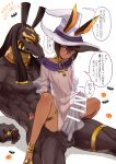  2boys abs animal_ears ankh anklet anubis_(mythology) anubis_(yuriko2755) arm_support bar_censor blush boy_on_top brown_hair censored collar colored_skin dark-skinned_male dark_skin egyptian egyptian_clothes erection facial_mark flying_sweatdrops furry furry_male furry_with_non-furry hair_between_eyes halloween hat highres huge_penis interspecies jackal_ears jewelry large_penis long_hair male_focus multiple_boys muscular muscular_male necklace nipples original otoko_no_ko pectorals penis purple_eyes ring robe see-through short_hair sitting size_difference speech_bubble spread_legs sweat sweatdrop tan testicles thighlet thought_bubble white_background witch_hat yaoi yuriko2755 