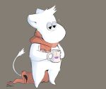  2022 ambiguous_gender anthro arm_tuft beverage black_eyes brown_background elbow_tuft fan_character featureless_feet fur half-closed_eyes head_tuft hi_res holding_object leg_tuft minedoo moomin mug narrowed_eyes red_scarf round_ears scarf signature simple_background solo standing tail tail_tuft tea the_moomins troll tuft white_body white_fur 