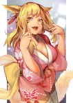  1girl animal_ears blonde_hair breasts cat_ears cat_girl cleavage commission facial_mark final_fantasy final_fantasy_xiv hair_ornament hinoru_saikusa japanese_clothes kimono large_breasts long_hair looking_at_viewer miqo&#039;te mizu_fei open_mouth skeb_commission solo thighhighs warrior_of_light_(ff14) whisker_markings white_thighhighs yellow_eyes 