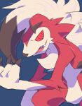  2016 ambiguous_gender anthro biped black_claws black_nose blue_background canid canine cheek_tuft chest_tuft claws coffee739221 dipstick_ears facial_tuft fangs fur generation_7_pokemon lycanroc mammal midnight_lycanroc multicolored_body multicolored_ears multicolored_fur nintendo pokemon pokemon_(species) red_body red_eyes red_fur simple_background solo teeth tuft two_tone_body two_tone_fur white_body white_fur 