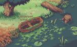  algae artist_name boat commentary day elenanazaire english_commentary flower grass lily_pad log moss no_humans original outdoors pixel_art plant red_flower scenery tree tree_stump water watercraft 