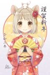  1girl animal animal_ears animal_on_head blonde_hair blush brown_eyes chinese_zodiac flower folding_fan hair_flower hair_ornament hand_fan holding holding_fan ibuki_ena japanese_clothes kimono long_sleeves looking_at_viewer mouse mouse_ears mouse_girl mouse_tail new_year obi on_head original sash short_hair smile solo straight-on tail translation_request year_of_the_rat 