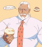  1boy bara beard blue_eyes chibi chibi_inset dark-skinned_male dark_skin doughnut eating facial_hair food highres holding holding_food jp_(street_fighter) large_pectorals long_hair male_focus mature_male muscular muscular_male mustache necktie old old_man pectorals ponytail sa1k0p shirt solo street_fighter street_fighter_6 thick_eyebrows thick_mustache thought_bubble translation_request white_hair white_shirt 