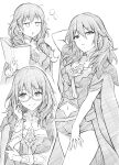  1girl arm_behind_head bespectacled book breasts bustier byleth_(female)_(fire_emblem) byleth_(fire_emblem) coat expressions fire_emblem fire_emblem:_three_houses glasses greyscale holding holding_book long_hair medium_hair midriff monochrome multiple_views navel open_book shorts simple_background smile ten_(tenchan_man) traditional_media white_background 
