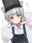  1girl absurdres animal_ears animal_hands arare_(kancolle) arare_kai_ni_(kancolle) blunt_bangs cat_ears collared_shirt dress dress_shirt gloves grey_hair highres kantai_collection looking_at_viewer one-hour_drawing_challenge paw_gloves pinafore_dress qqqmei shirt sleeveless sleeveless_dress solo upper_body white_shirt yellow_eyes 