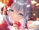  1girl amistr_(ragnarok_online) black_bow blue_eyes blurry blush bokeh bow cape closed_mouth commentary_request creator_(ragnarok_online) depth_of_field gift grey_hair hair_between_eyes hair_bow hanakaoka_okaka happy_valentine heart holding holding_gift long_hair looking_at_viewer medium_bangs pink_bow portrait ragnarok_online red_cape sheep smile striped striped_bow 