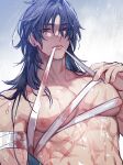  1boy abs bandaged_arm bandages character_request copyright_request ear_piercing long_hair looking_at_viewer male_focus meiji_(meiji770) muscular muscular_male nipples pectorals piercing purple_hair rain red_eyes sarashi scar scar_on_arm scar_on_chest scar_on_neck solo sweatdrop twitter_username undone_sarashi upper_body 