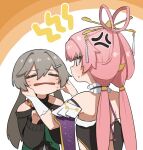  2girls anger_vein backless_outfit bare_shoulders black_eyes bow-shaped_hair cheek_pinching clothing_cutout crescent crying flasso fu_xuan_(honkai:_star_rail) grey_hair hair_ornament hairclip highres honkai:_star_rail honkai_(series) low_twintails multiple_girls pinching pink_hair qingque_(honkai:_star_rail) shoulder_cutout tassel twintails 