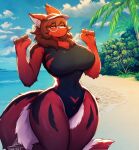  2023 5_fingers anthro artist_name beach big_breasts black_body black_fur black_nose breasts brown_hair canid canine chest_tuft clothed clothing cloud detailed_background eyebrows eyelashes eyewear female fingers fox franchesca_(garasaki) fur glasses hair hat headgear headwear hi_res inner_ear_fluff legs_together looking_at_viewer mammal multicolored_body multicolored_fur navel_outline one-piece_swimsuit orangedog outside palm_tree plant red_body red_fur sand sea seaside short_hair signature sky small_waist smile solo standing swimwear thick_thighs tree tuft visor_cap water white_body white_fur wide_hips yellow_eyes 