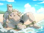  1boy abs absurdres algae bald bara beach belly black_male_swimwear blank_eyes borrowed_character bound bound_arms bound_legs bulge forked_eyebrows highres large_pectorals lifeguard male_focus male_swimwear monster_boy muscular muscular_male nipples original pectorals plump rhino_boy rhino_ears see-through sideburns sitting slime_boy smile solo spread_legs stomach swim_briefs thick_eyebrows thick_thighs thighs topless_male wet whistle whistle_around_neck wutang 