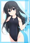  1girl artist_name asashio_(kancolle) black_hair black_one-piece_swimsuit blue_eyes character_name competition_swimsuit cowboy_shot flat_chest highleg highleg_swimsuit highres inaba_shiki kantai_collection logo long_hair looking_at_viewer one-piece_swimsuit smile solo swimsuit 