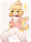  animal_crossing anthro blonde_hair bottomless breasts canid canine canis claws clothed clothing collar crayon_(artist) domestic_dog female floppy_ears fur genitals gesture green_eyes hair hi_res isabelle_(animal_crossing) legwear mammal navel nintendo one_eye_closed open_clothing open_shirt open_topwear pussy shih_tzu shirt small_breasts smile solo stockings thigh_highs topwear toy_dog v_sign yellow_body yellow_fur 